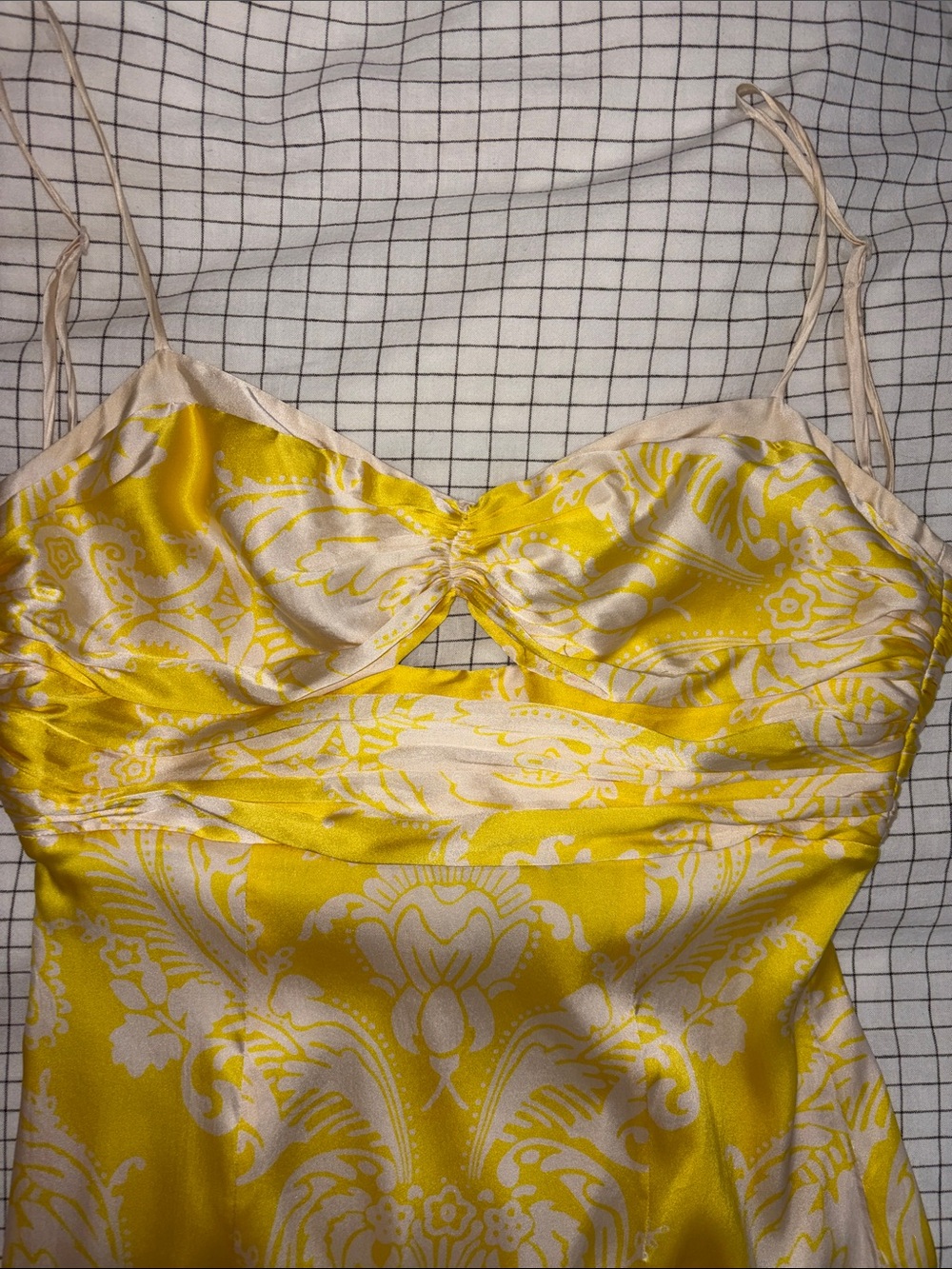 Marciano Silk Yellow and Cream Cutout Bodice Midi Slip Dress